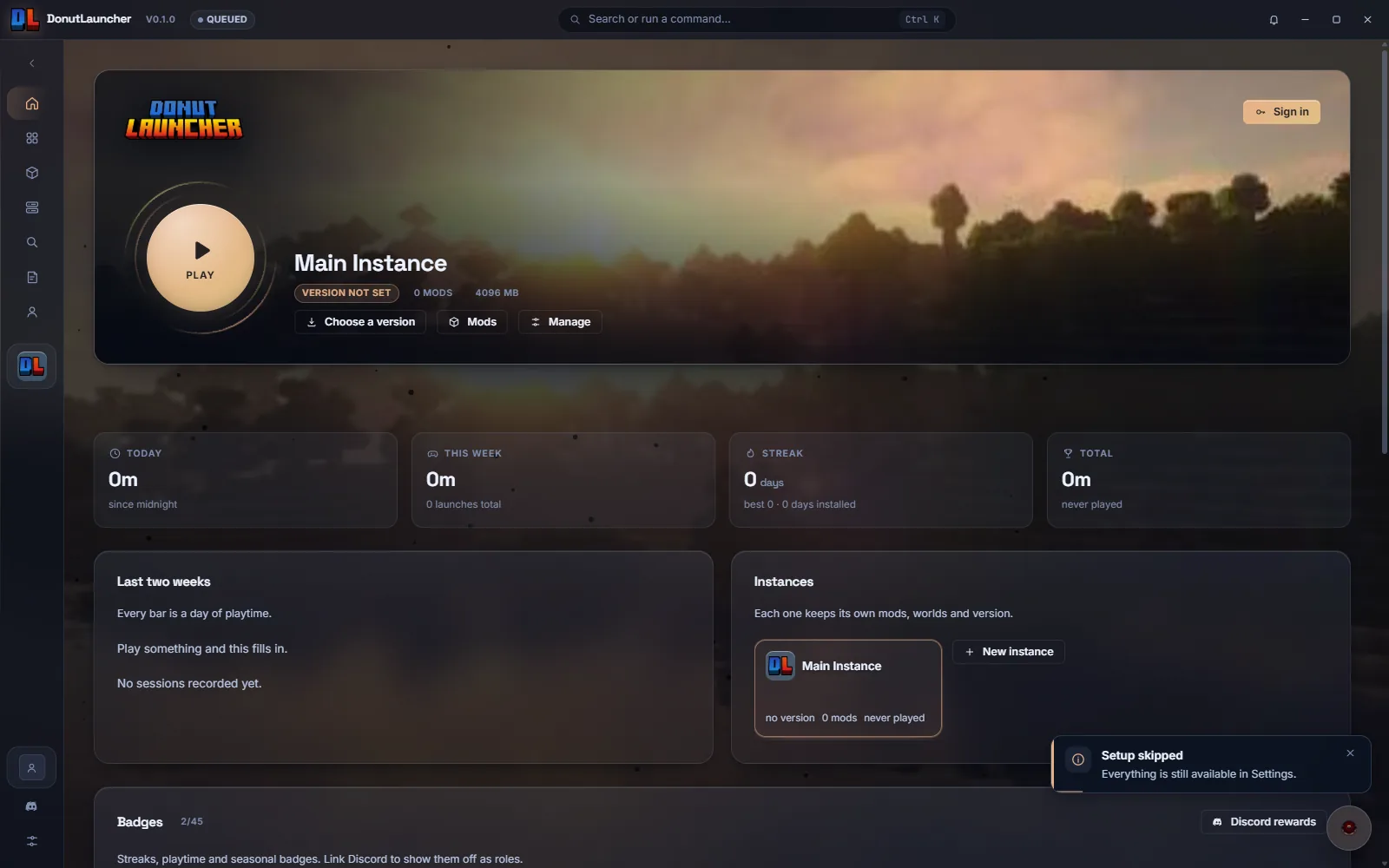 Home: the instance, the version and one button